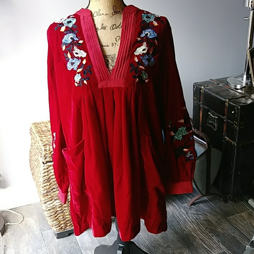 Free People Red Velvet Embroidered Tunic